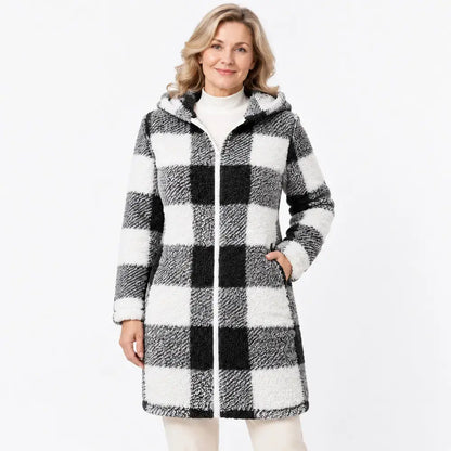 ✨【S-3XL】Cardigan/palton lung de damă, reversibil, cu fermoar – blană ecologică și model în carouri (toamnă/iarnă)