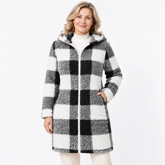 ✨【S-3XL】Cardigan/palton lung de damă, reversibil, cu fermoar – blană ecologică și model în carouri (toamnă/iarnă)