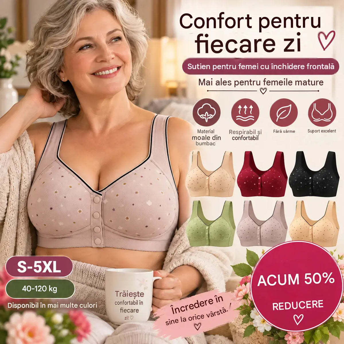 😍[Set de 3 bucăți] Sutien fără sârmă, cu închidere în față, pentru femei [40–120 kg] ❤️ Confortabil, cu proprietăți antibacteriene, din bumbac natural