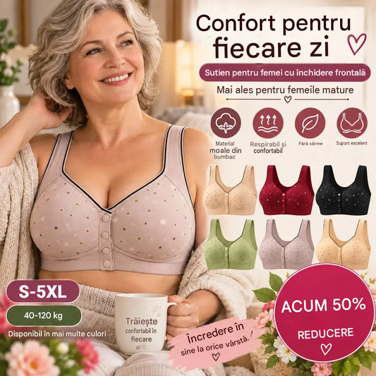😍[Set de 3 bucăți] Sutien fără sârmă, cu închidere în față, pentru femei [40–120 kg] ❤️ Confortabil, cu proprietăți antibacteriene, din bumbac natural