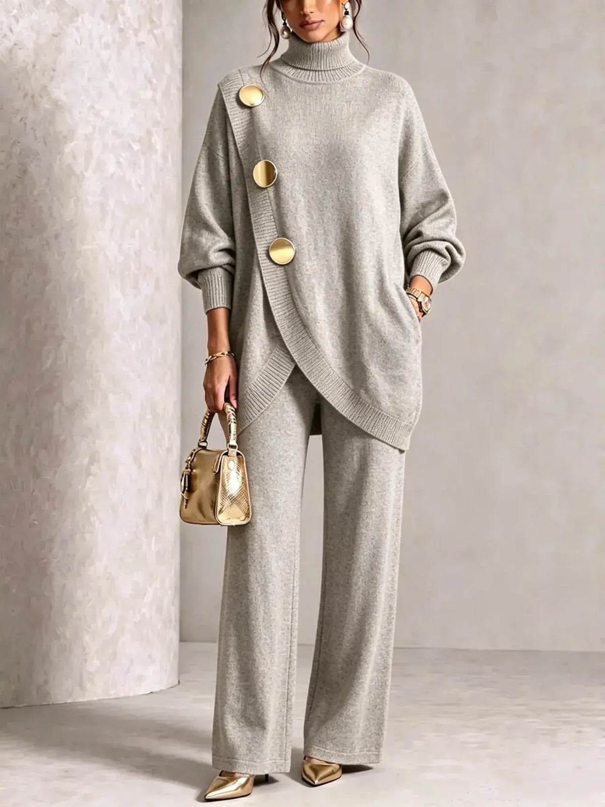 🚚💕 Set șic pentru femei, format din bluză cu guler înalt și pantaloni cu croială largă — Confortabil și stilat 👗