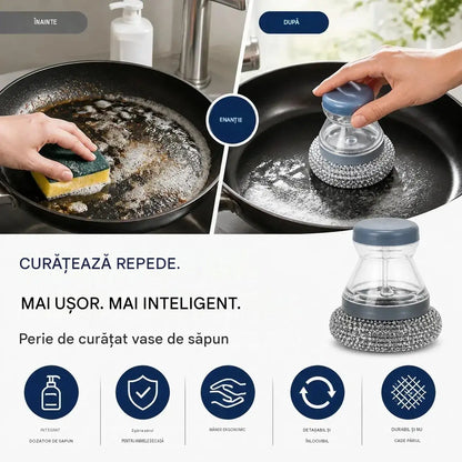 🧽Perie de frecat cu dozator, OFERTĂ LIMITATĂ! 💪 Ideală pentru oale, tigăi și vase. Curățare rapidă și ușoară, fără efort! 🍳