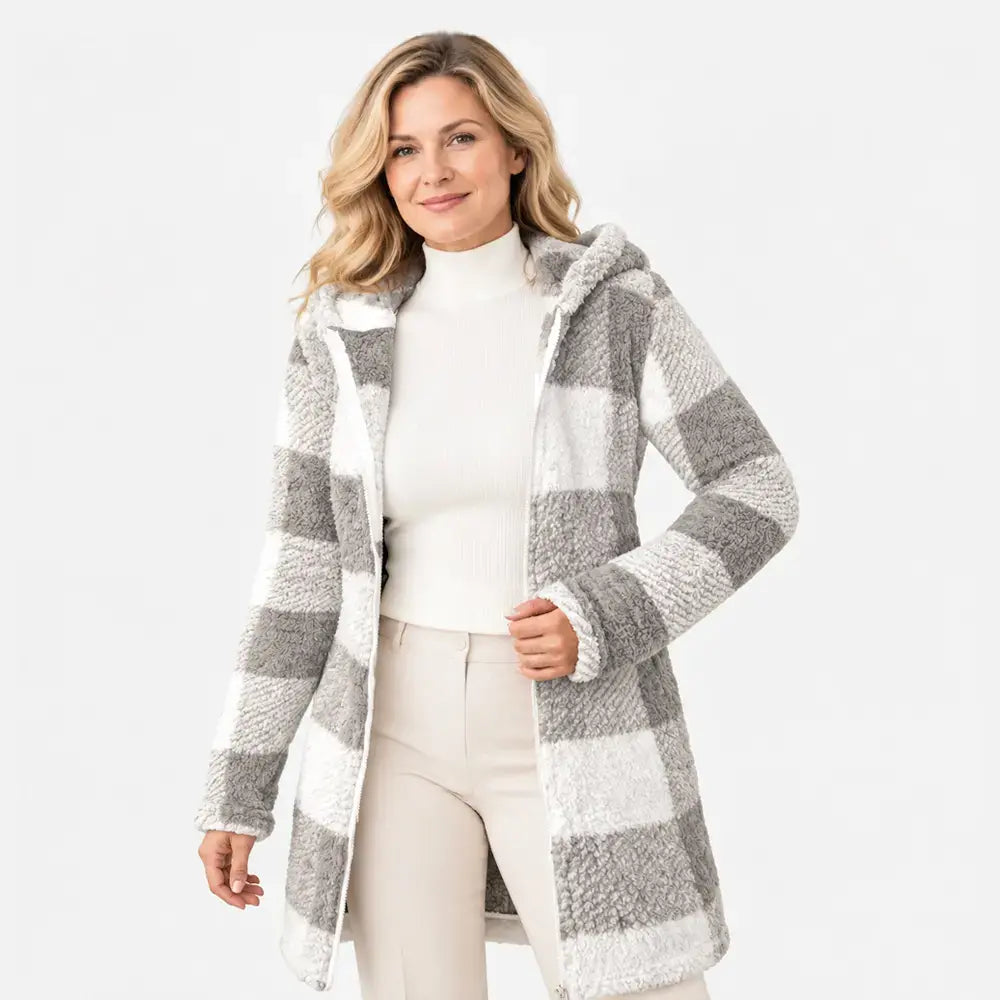 ✨【S-3XL】Cardigan/palton lung de damă, reversibil, cu fermoar – blană ecologică și model în carouri (toamnă/iarnă)