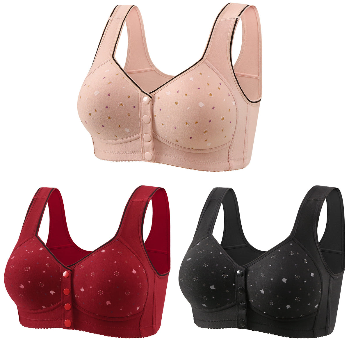 😍[Set de 3 bucăți] Sutien fără sârmă, cu închidere în față, pentru femei [40–120 kg] ❤️ Confortabil, cu proprietăți antibacteriene, din bumbac natural