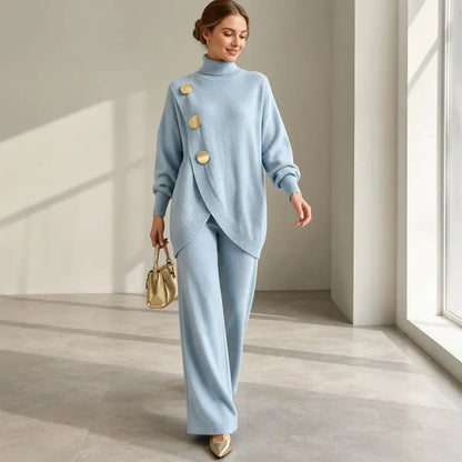 🚚💕 Set șic pentru femei, format din bluză cu guler înalt și pantaloni cu croială largă — Confortabil și stilat 👗