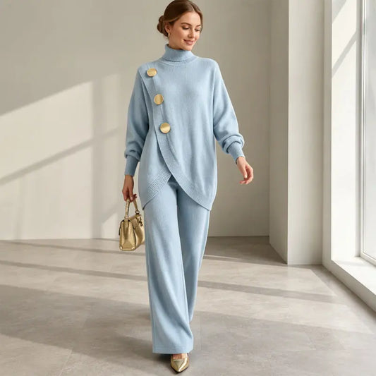 🚚💕 Set șic pentru femei, format din bluză cu guler înalt și pantaloni cu croială largă — Confortabil și stilat 👗