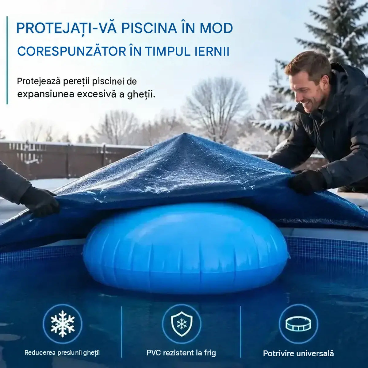 ❄️ Pernă gonflabilă pentru piscină – protejează structura piscinei împotriva presiunii gheții și facilitează evacuarea apei și a zăpezii acumulate.