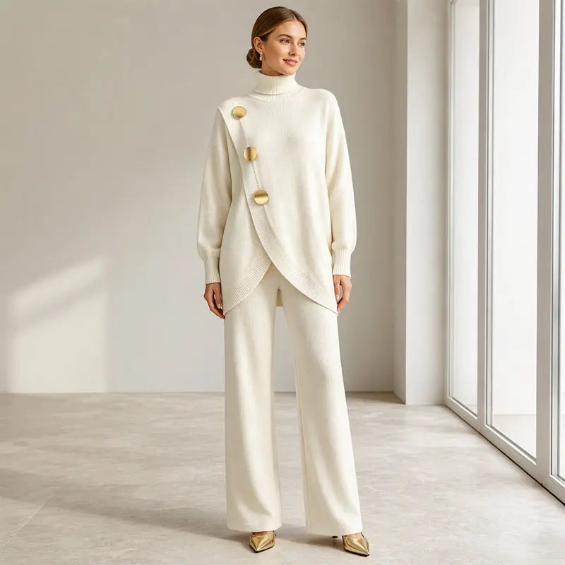 🚚💕 Set șic pentru femei, format din bluză cu guler înalt și pantaloni cu croială largă — Confortabil și stilat 👗