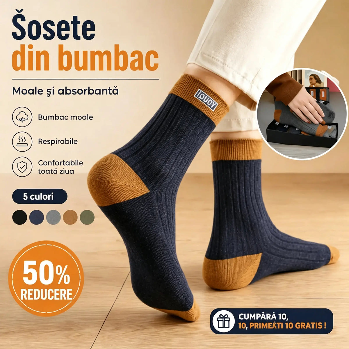 🧦✨🎉【Set de 10 perechi】Șosete noi pentru bărbați, din bumbac 100%, moi și confortabile — absorb transpirația și previn mirosurile neplăcute.