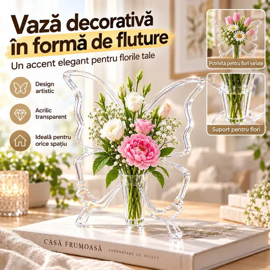 🦋 Vază Decorativă în Formă de Fluture – Accent Artistic și Elegant pentru Florile Tale! (Acrilic Transparent, Disponibilă în 3 Culori)