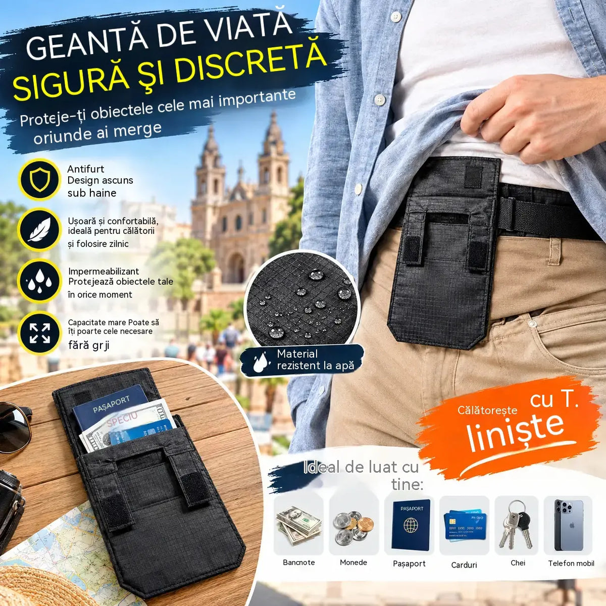 💳✈️Centră discretă pentru bani și documente de călătorie (pașaport, numerar, carduri) – Borsetă de talie portabilă și sigură pentru aeroporturi, călătorii urbane și aventuri în aer liber 🌍