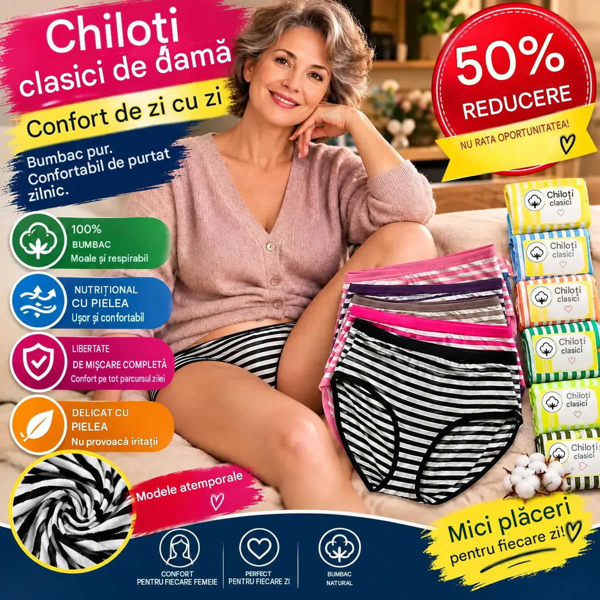 💥【Set de 12 bucăți】Lenjerie intimă nouă din bumbac pur – cu dungi și talie înaltă – pentru femei de vârstă mijlocie și înaintată.