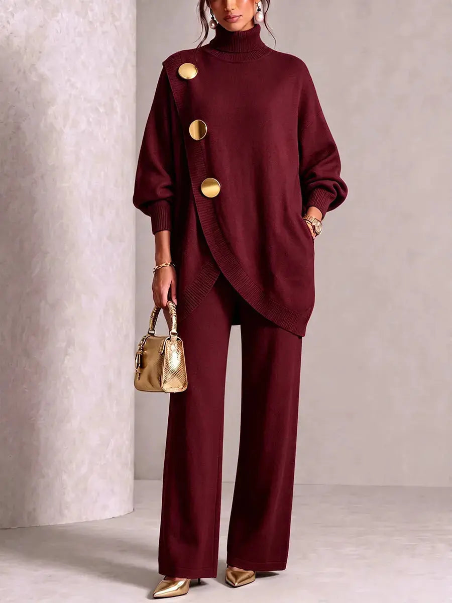 🚚💕 Set șic pentru femei, format din bluză cu guler înalt și pantaloni cu croială largă — Confortabil și stilat 👗