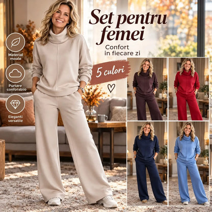 🍂🐏【S-5XL】Set de călătorie din două piese pentru femei, compus dintr-un pulover cu guler (cu fante laterale) și pantaloni casual 🔥