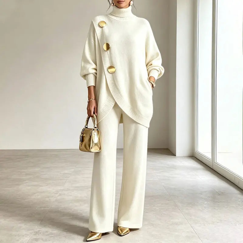 🚚💕 Set șic pentru femei, format din bluză cu guler înalt și pantaloni cu croială largă — Confortabil și stilat 👗