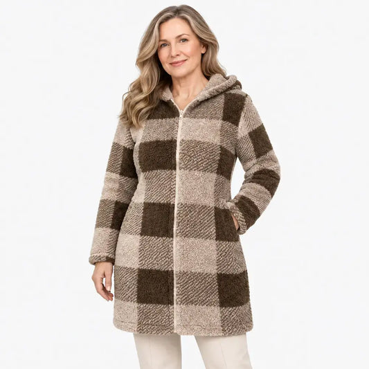 ✨【S-3XL】Cardigan/palton lung de damă, reversibil, cu fermoar – blană ecologică și model în carouri (toamnă/iarnă)