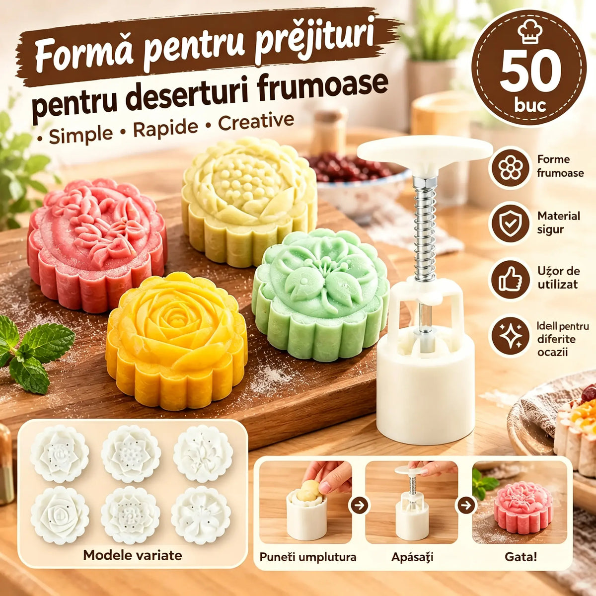 ✨😍【4 bucată】Comoara bucătăriei — matrițe pentru modelare: modele tridimensionale pentru aluat, găluște și deserturi, realizate cu o singură apăsare