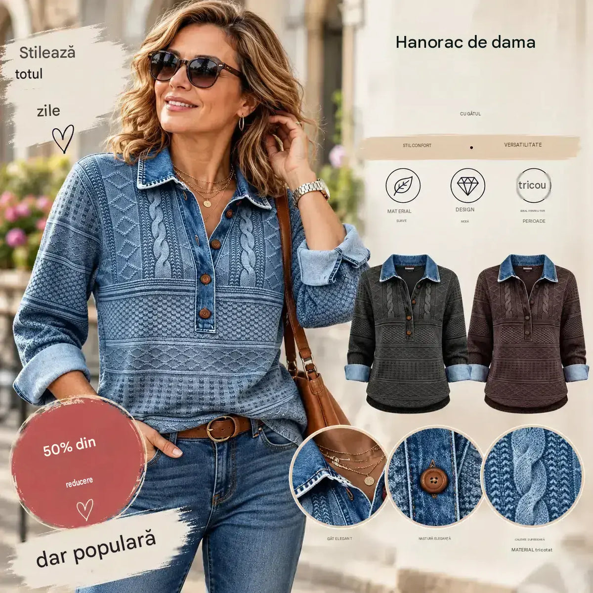 🔥 Reducere de 50% | Top retro pentru femei cu detalii din denim [S–5XL] – Textură cu model, guler și croială lejeră, confortabilă