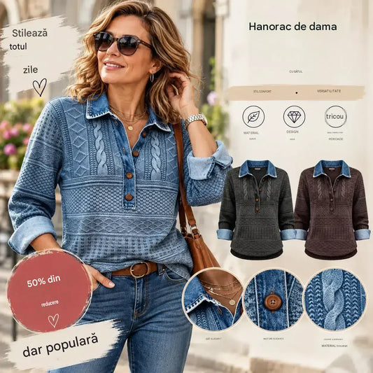 🔥 Reducere de 50% | Top retro pentru femei cu detalii din denim [S–5XL] – Textură cu model, guler și croială lejeră, confortabilă