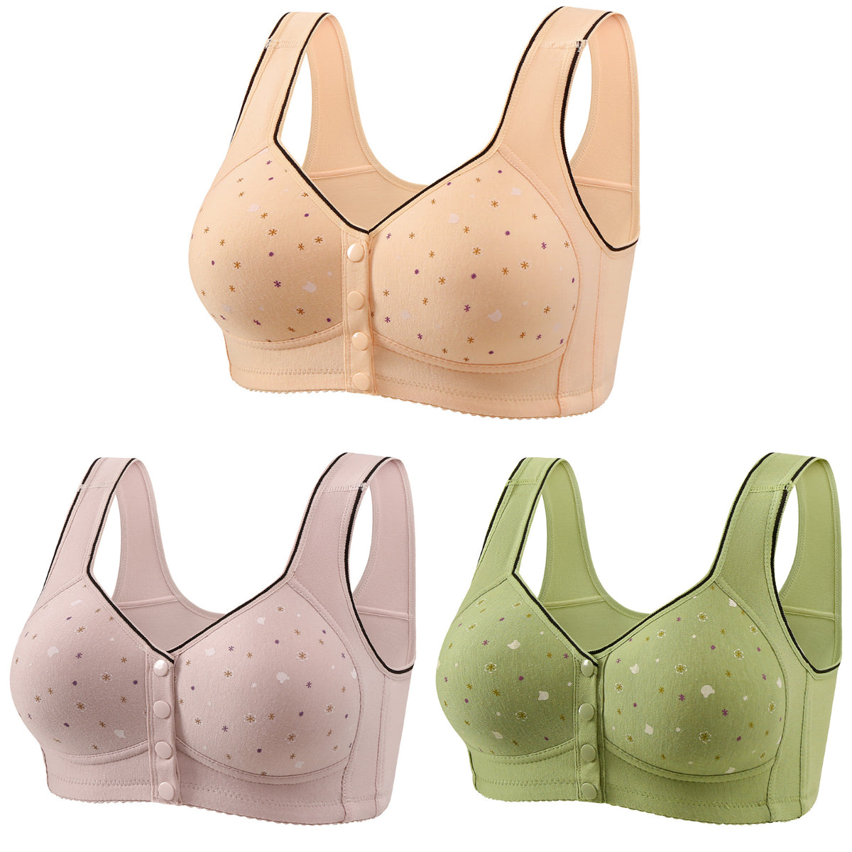 😍[Set de 3 bucăți] Sutien fără sârmă, cu închidere în față, pentru femei [40–120 kg] ❤️ Confortabil, cu proprietăți antibacteriene, din bumbac natural