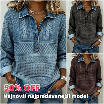 🔥 Reducere de 50% | Top retro pentru femei cu detalii din denim [S–5XL] – Textură cu model, guler și croială lejeră, confortabilă